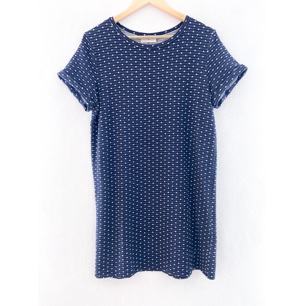 Everly Women's Navy Blue Textured Shift Dress Medium Rolled Sleeve Shirt Dots